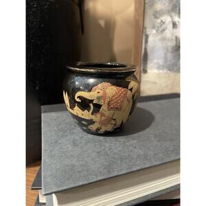 Black Ceramic Mini Vase Bonsai Pot with Elephants Oriental Decor Black Decor